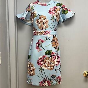 INA Light Blue Floral Scuba Dress Ruffle Sleeve Fit & Flare Size M NWT